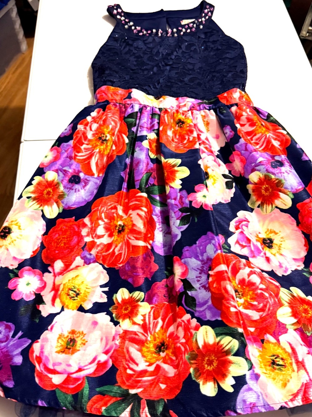 Speeckless Navy Lace Halter Dress with Bright Floral Skirt